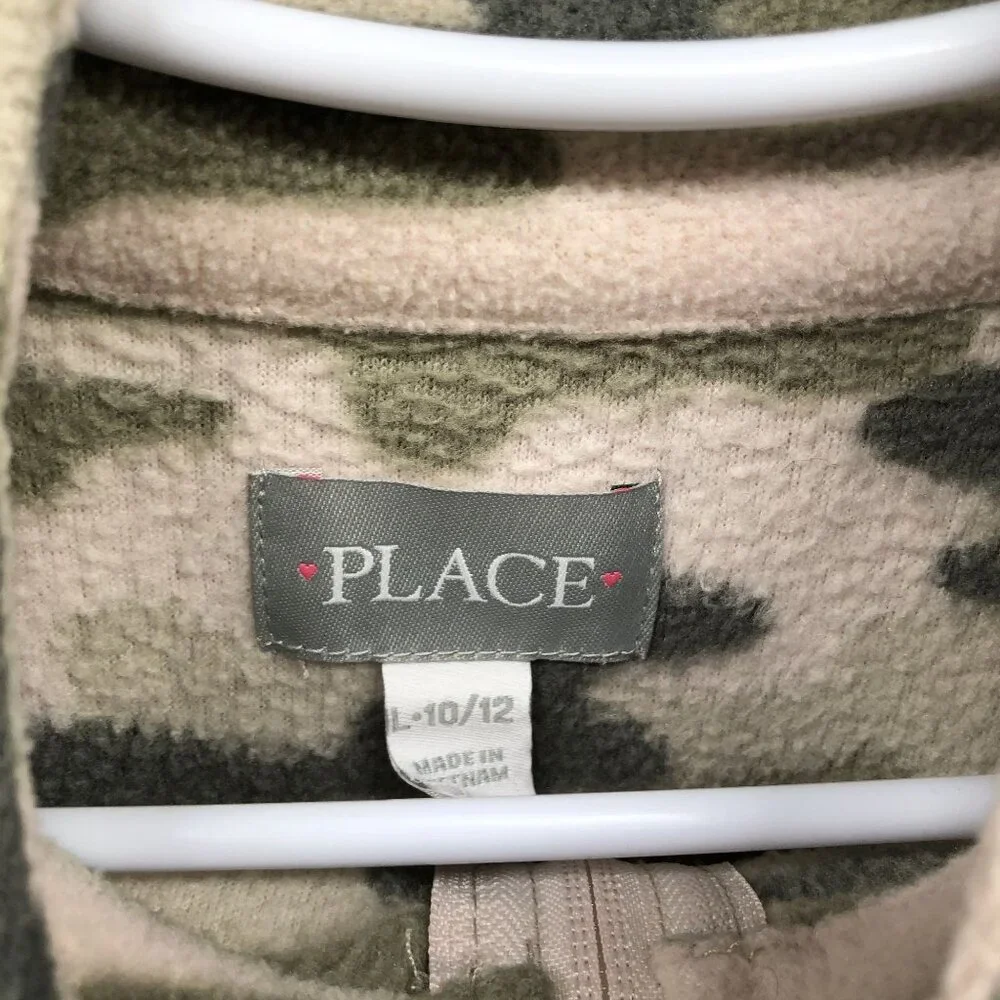 Children's Place Fleece 1/4 Zip Pullover Girls L 10/12 Pink Green Camo‎ Sweater